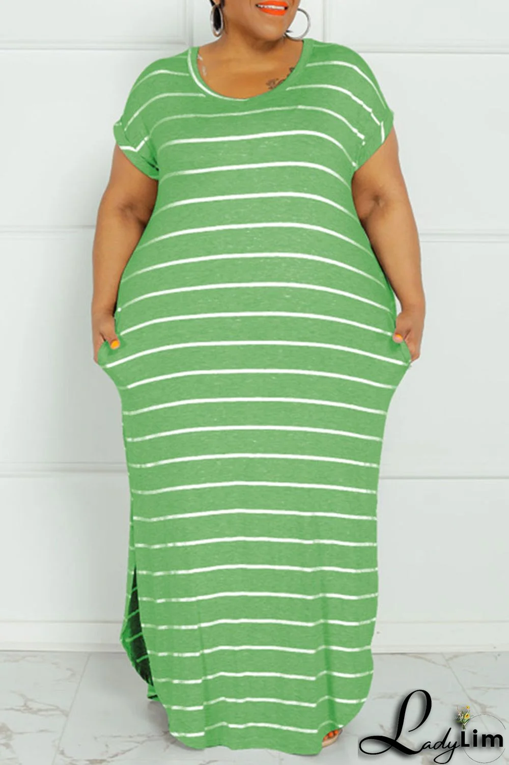 Green Fashion Casual Plus Size Striped Print Basic O Neck Short Sleeve Dress