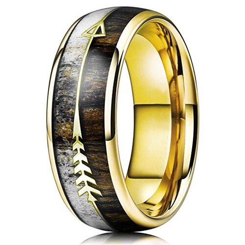 Women's Or Men's Tungsten Carbide Wedding Band Matching Rings,Yellow Gold Cupid's Arrow over Wood Inlay.Tungsten Carbide Ring With High Polish Antler and Dark Wood Inlay.Domed Top Ring With Mens And Womens Rings For 4MM 6MM 8MM 10MM