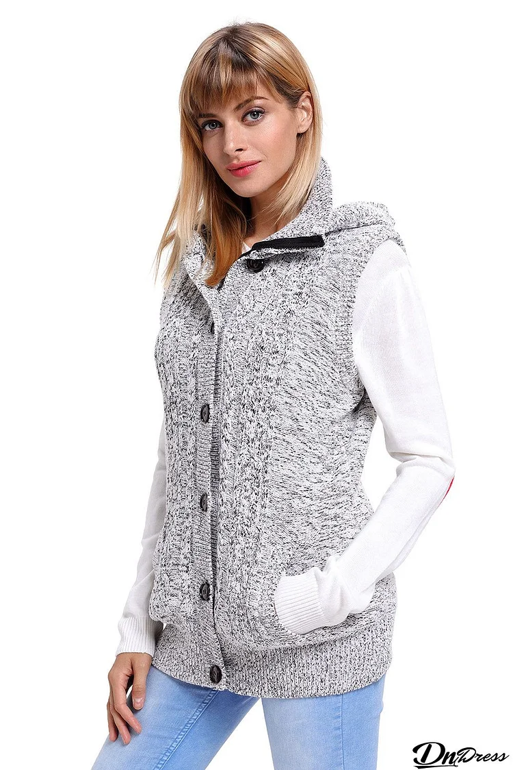 Women Heather Grey Cable Knit Hooded Sweater Vest