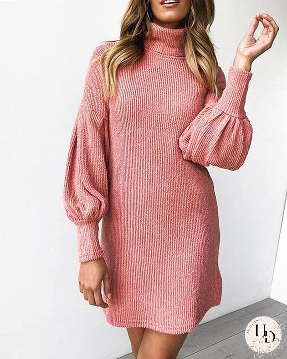 Pure Color Lantern Sleeve High Neck Rib Mini Dress