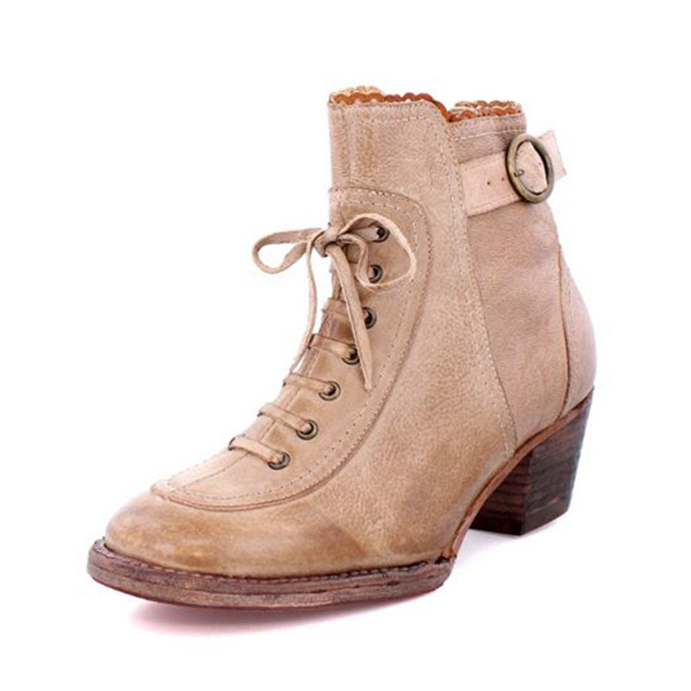 Nude Distressed Lace-Up Chunky Heel Ankle Boots with Buckle Strap Nicepairs