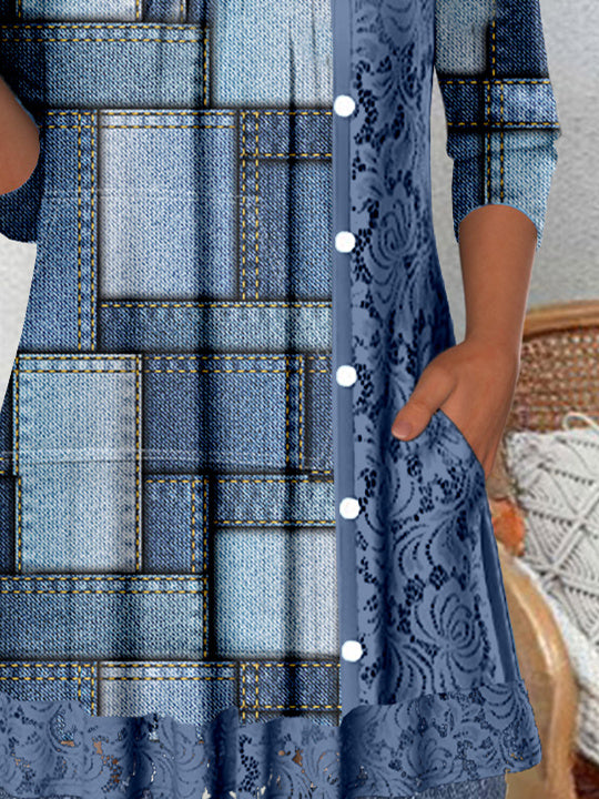 Women's Long Sleeve Scoop Neck Graphic Lace Buttons Top