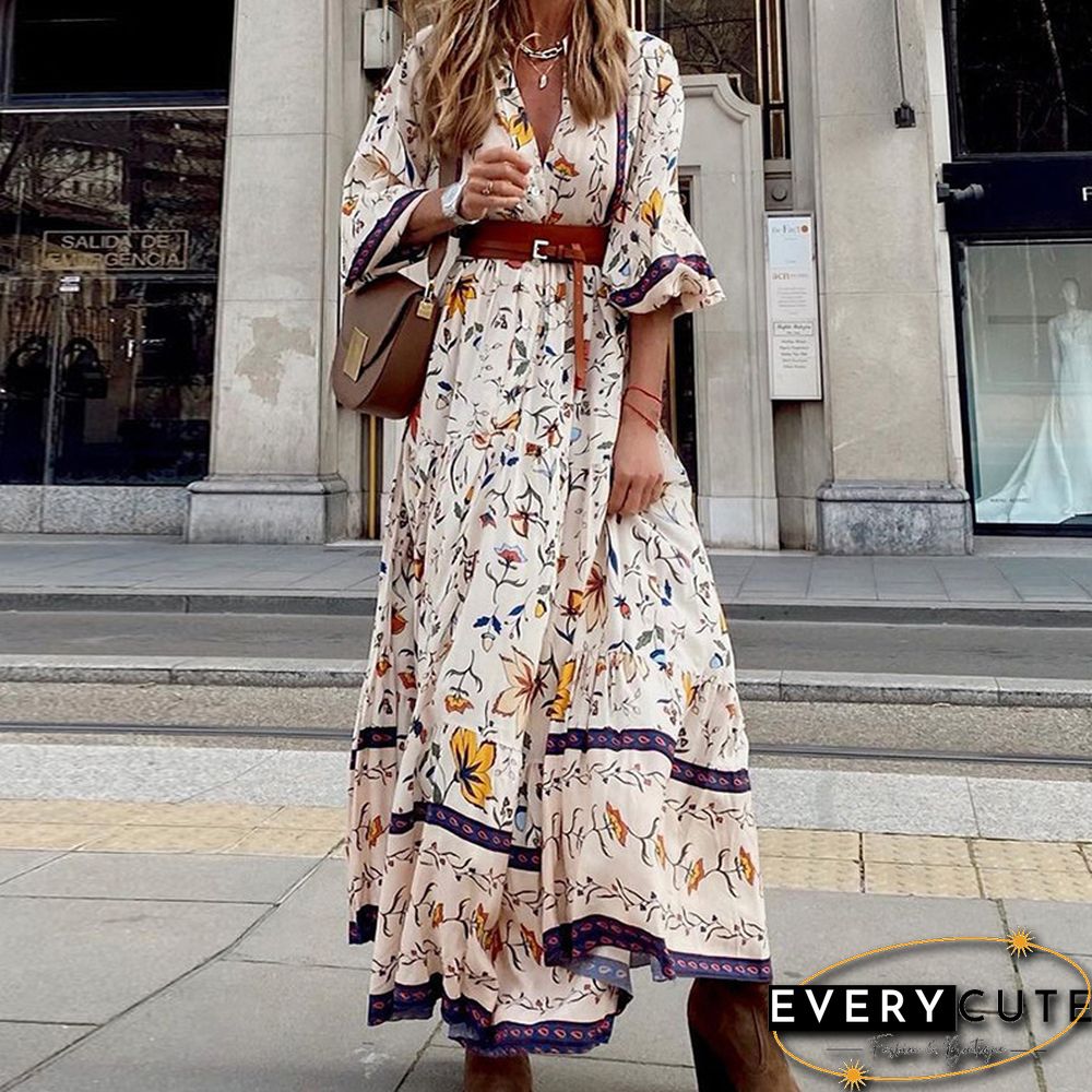 Elegant Lady Tie Dye Print Swing Ruffled Dress Sexy V-neck Long Sleeved Lace Up Waist Long Dress Fashion Street Irregular Dress