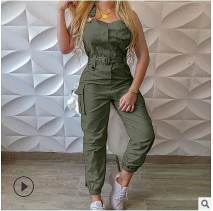 Uveng Uveng Women's Work-Packed Pocket Design Jumpsuit Sleeveless Backs And Trousers Simple Restraints Trousers + Belts