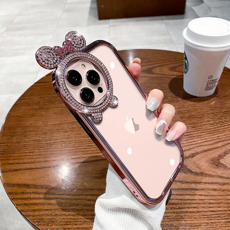 Luxury Glitter Diamond Bear Stand Holder Phone Case for iPhone 11 12 13 14 Pro Max 15 14 Plus Transparent Plating Silicone Cover