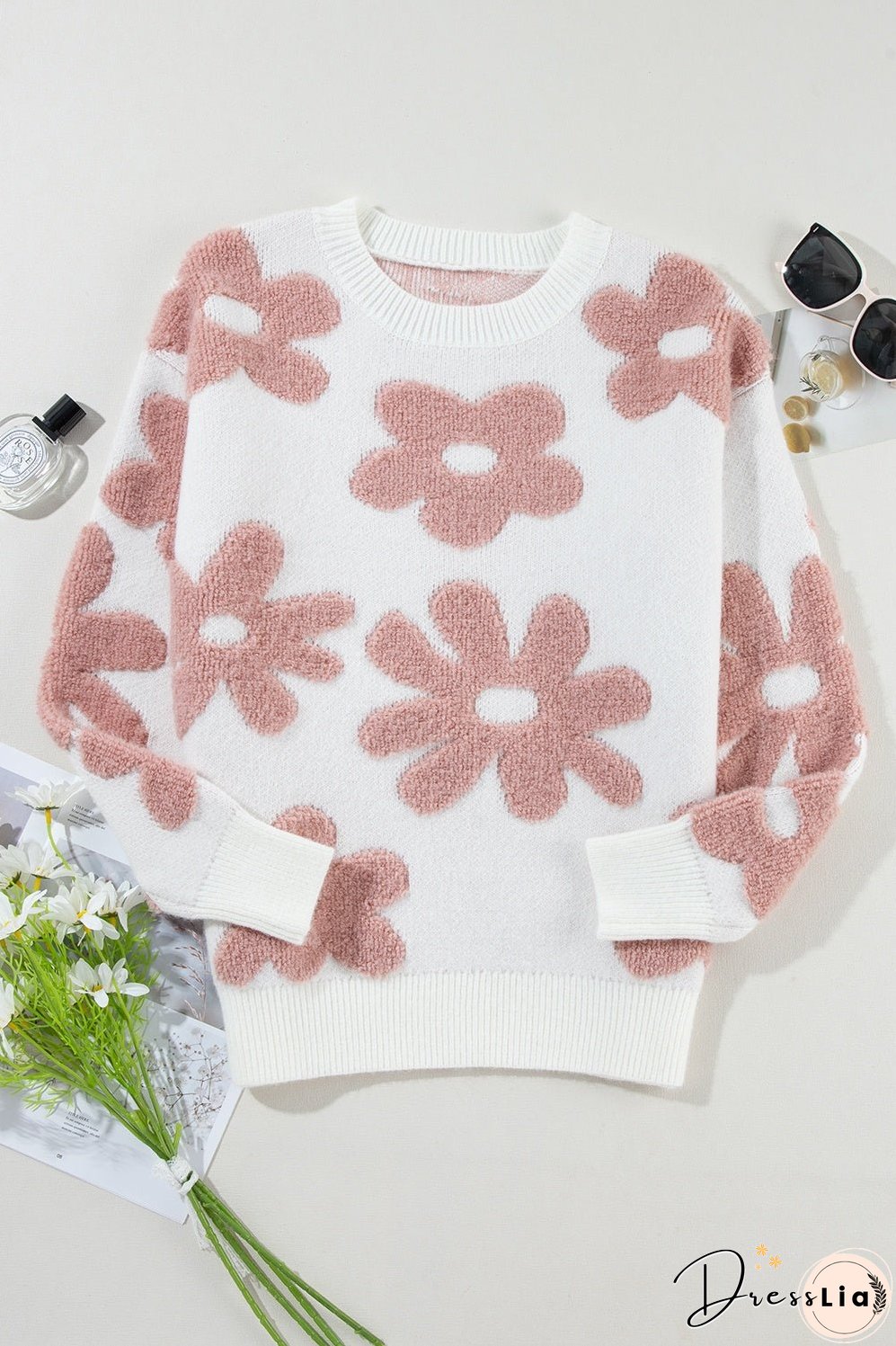 Flower Round Neck Long Sleeve Knit Top