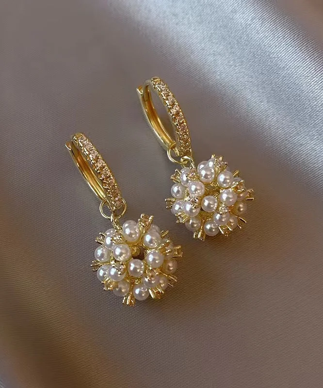 Beautiful Gold Metal Overgild Pearl Zircon Ball Drop Earrings
