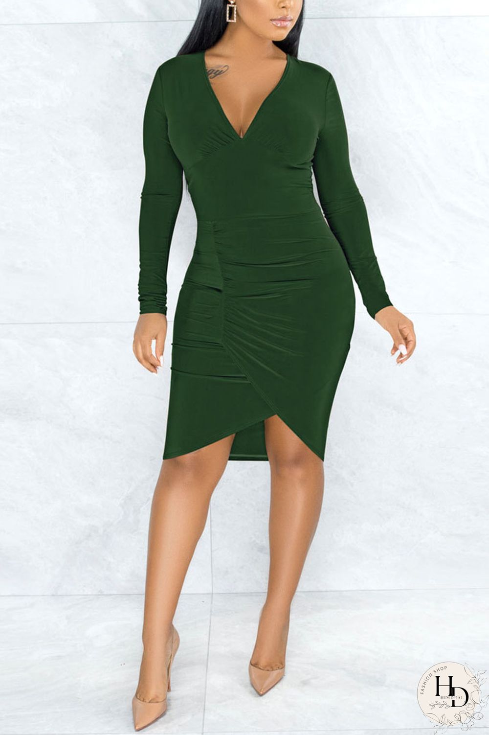 Color Blue Sexy Solid Split Joint V Neck Pencil Skirt Dresses