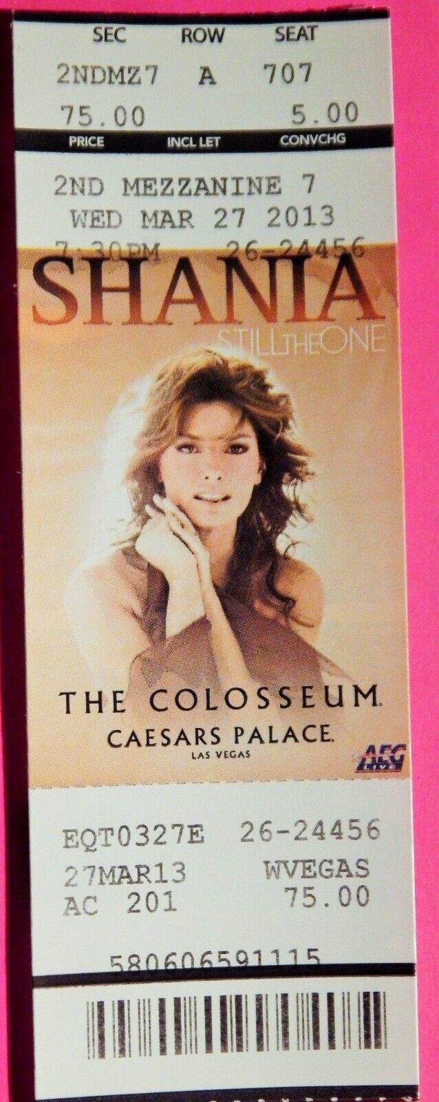 SHANIA TWAIN ORIG CONCERT USED Photo Poster painting TICKET, CAESARS COLOSSEUM VEGAS,MAR 27 2013