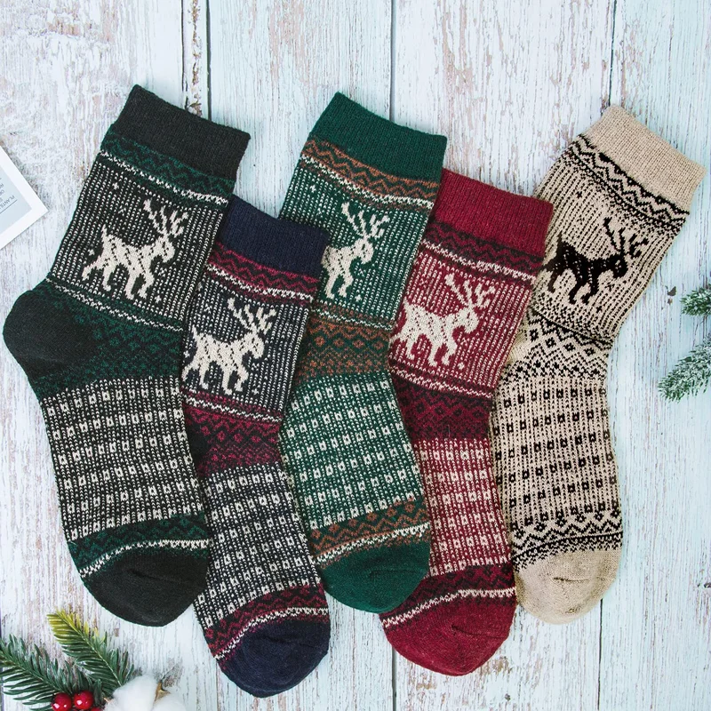 Christmas Retro Elk Thick Line Warm Mid-Calf Socks (Five Pairs)