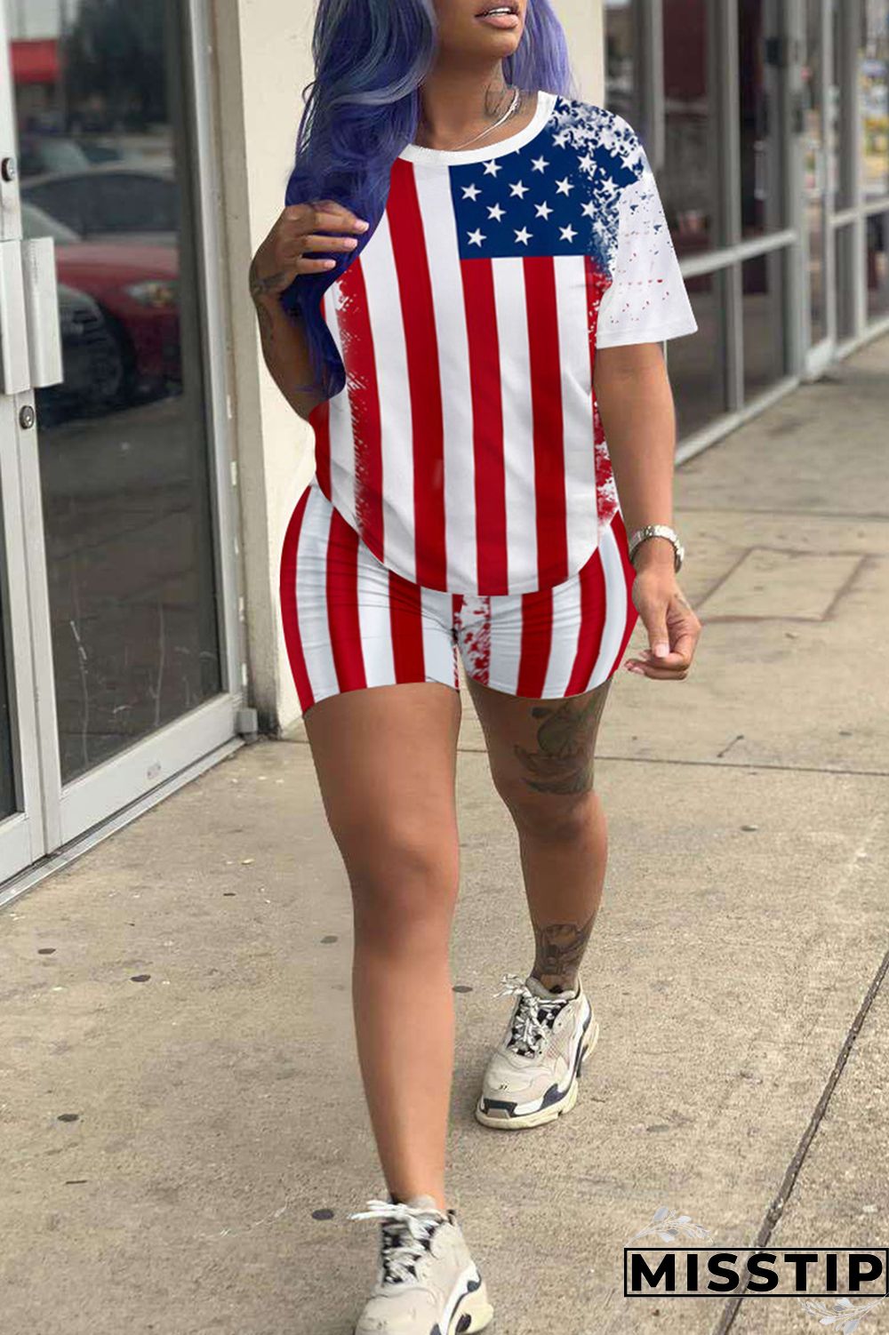 Red Fashion Casual Print Basic O Neck Short Sleeve Two Pieces