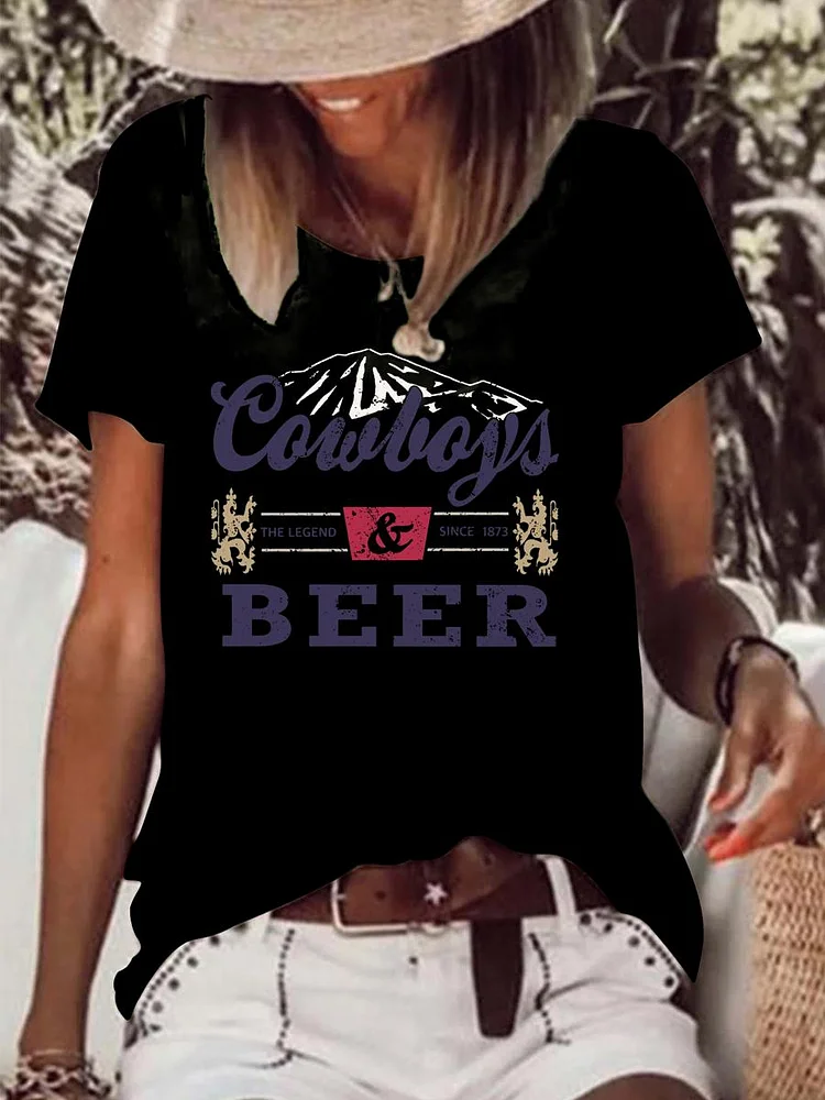 Cowboys and Beer graphic Raw Hem Tee-Annaletters