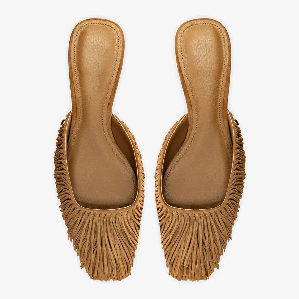 Fashion Brown Closed Square Toe Kitten Heel Fringe Mules for Women