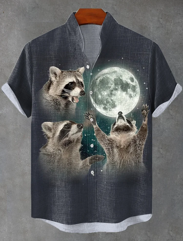 Men's Fun Three Raccoons Moon Art Short Sleeve Linen Blend Shirt