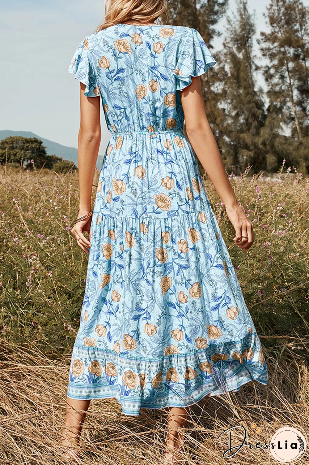 Casual Print Split Joint V Neck Cake Skirt Dresses