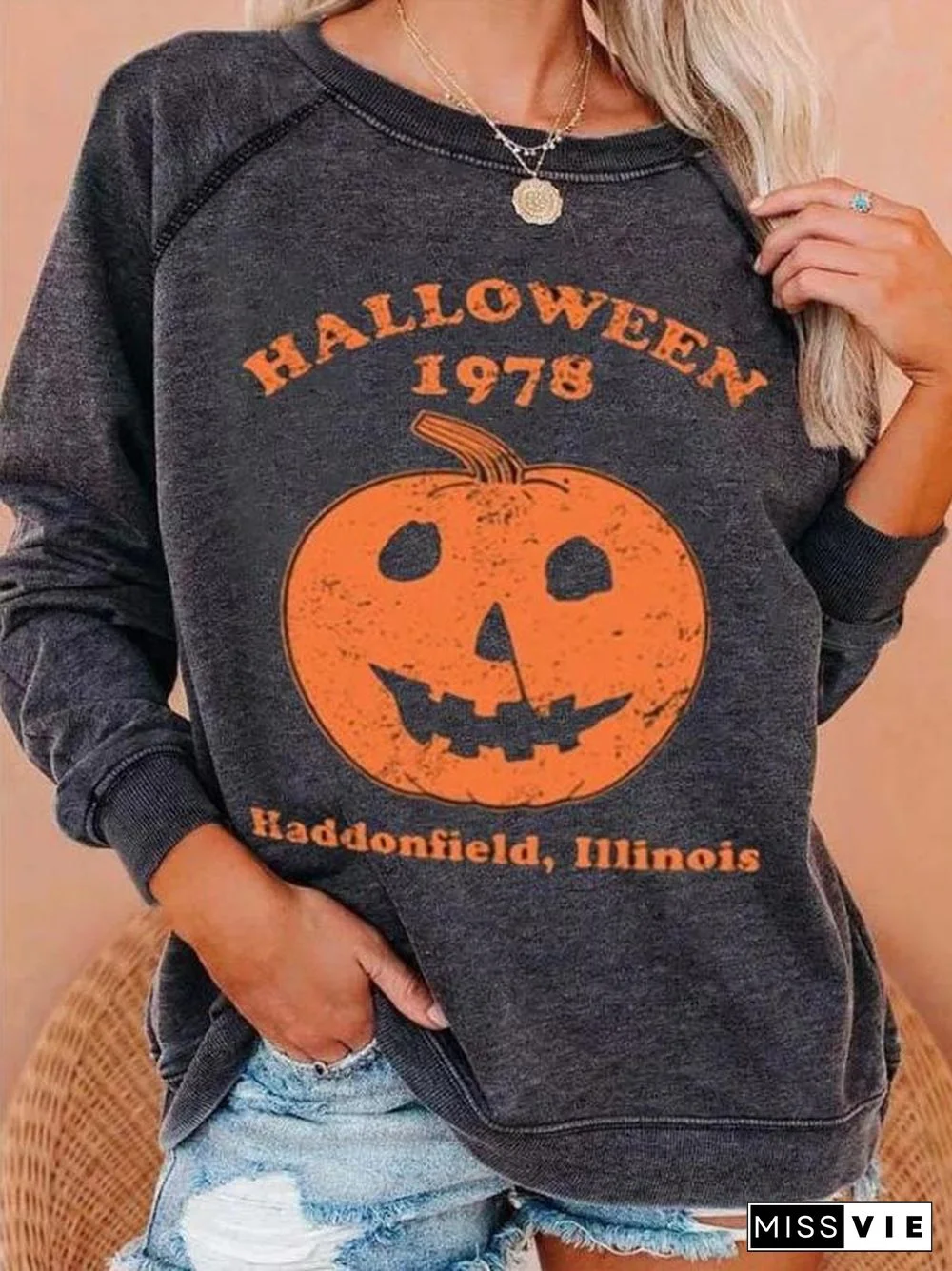 Halloween Pumpkin Graphic Long Sleeve Casual Tee