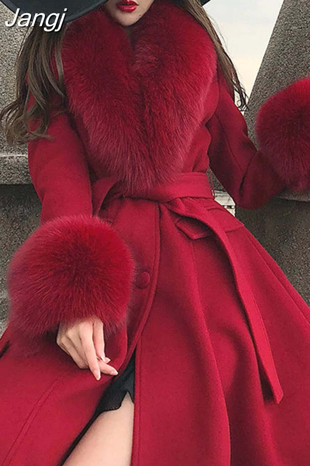 Jangj Women Winter Coats Fur Collar Scarf Cuff Set Warm Fashion Luxury Overcoat Scarves Shawls Female Elegant Solid Thick Coats 1109-0