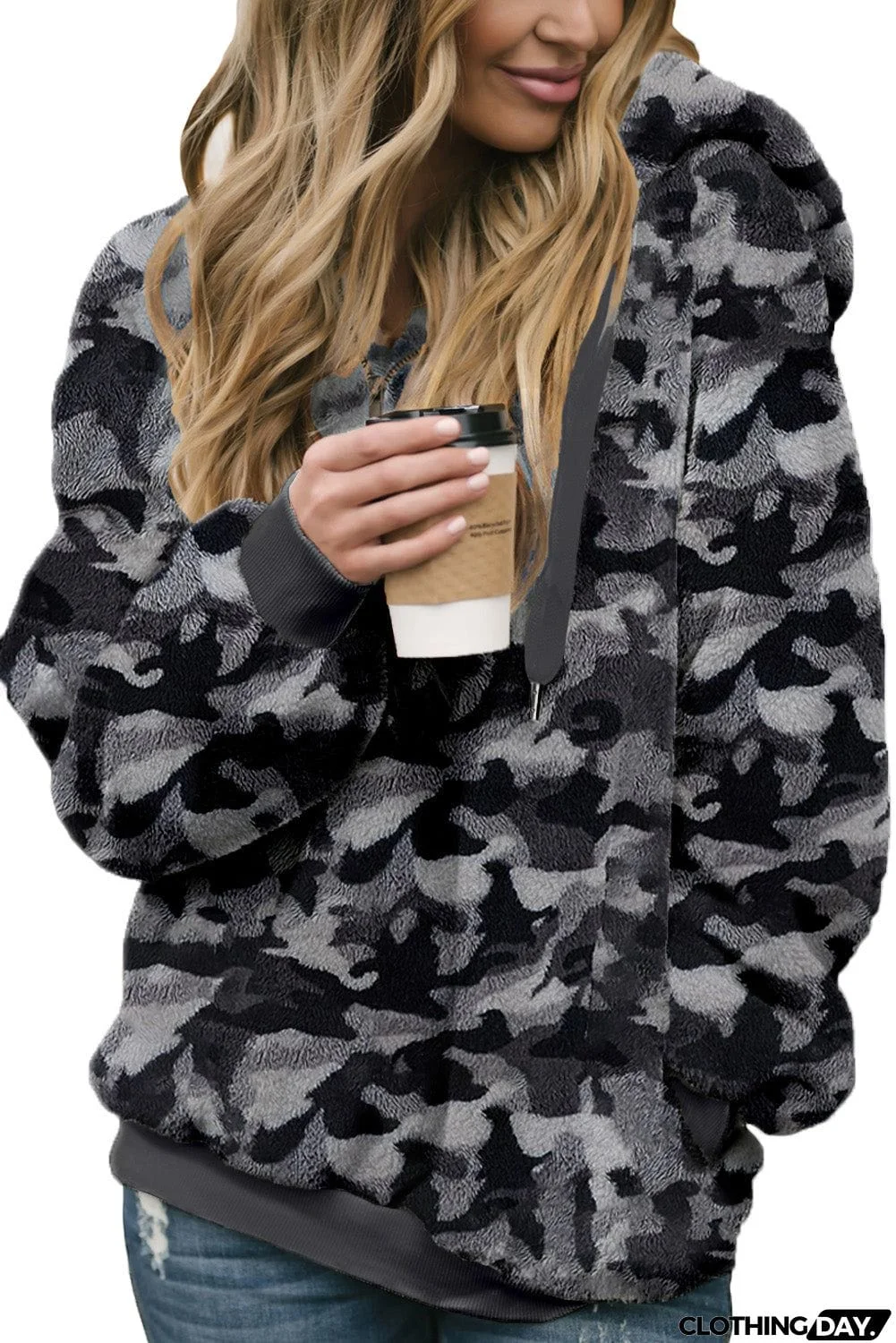 Camo Print Warm Furry Pullover Hoodie
