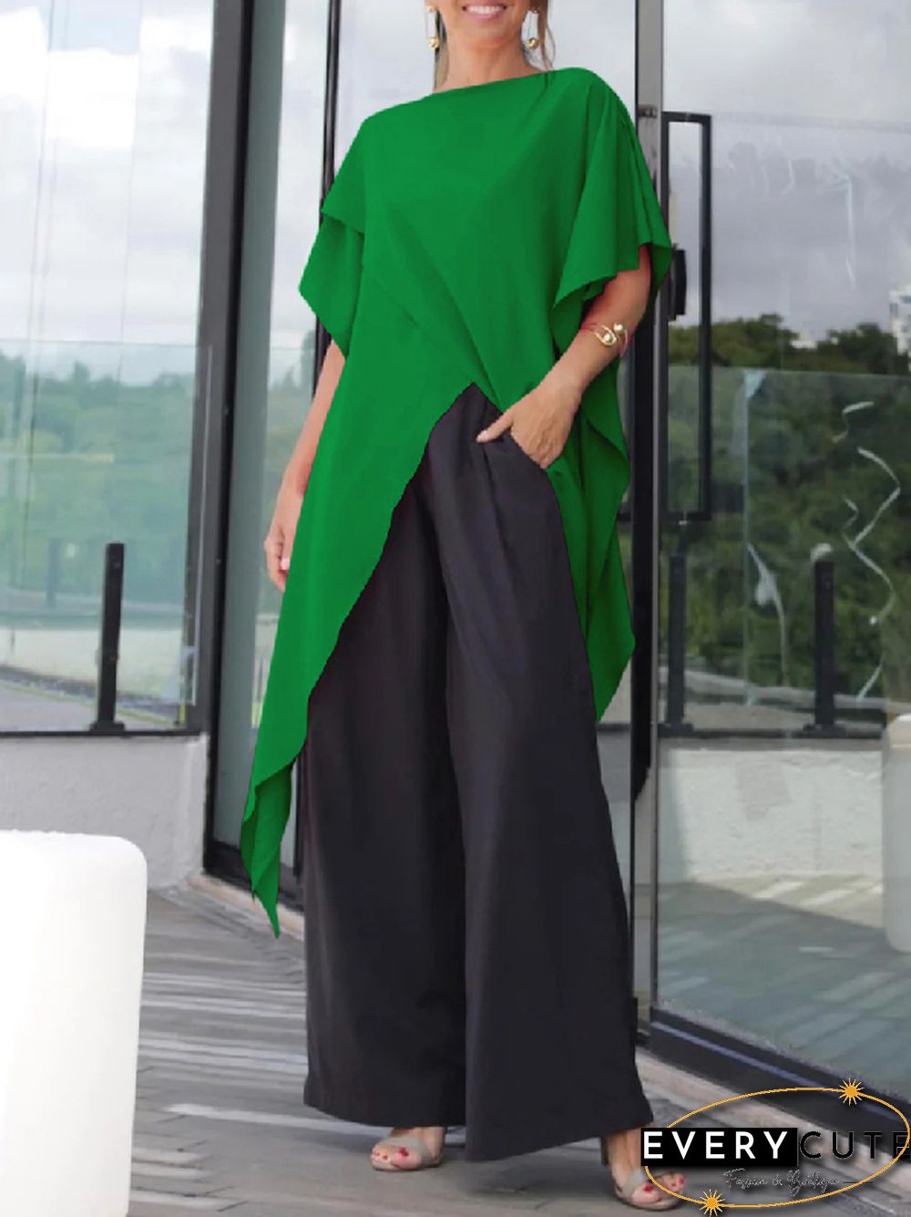 Irregular Clipping Loose Asymmetric Solid Color T-Shirts Tops