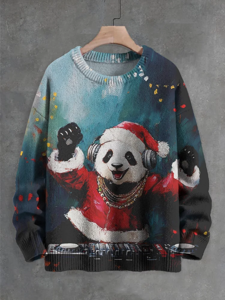 Men's Christmas Panda DJ Paint Art Print Knit Sweatshirt