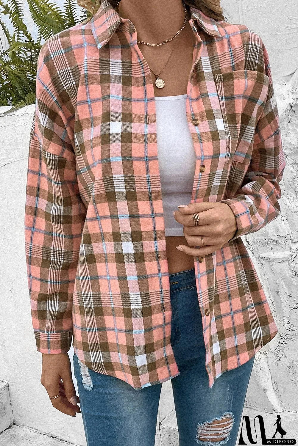 MidiSono - Plaid Collared Neck Long Sleeve Button-Up Shirt