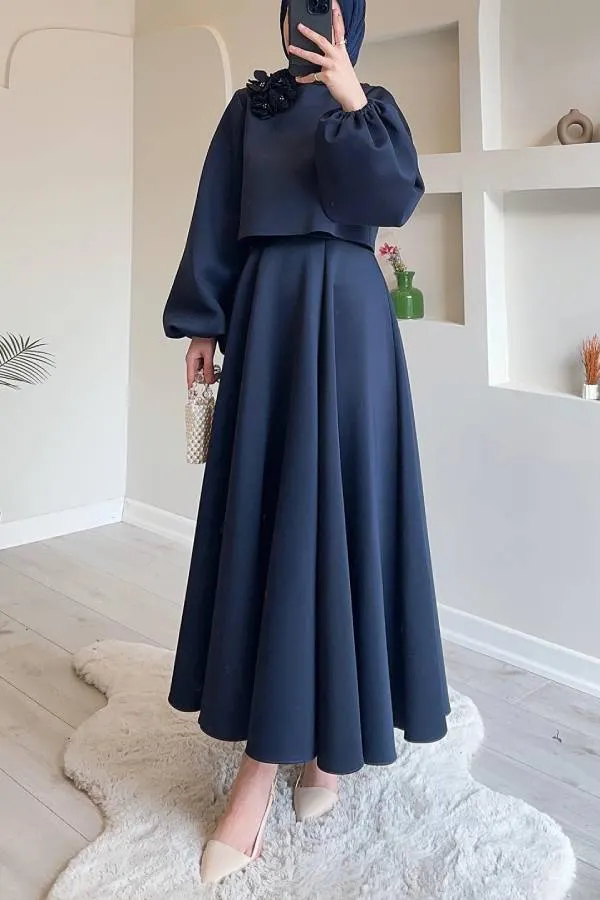 Three-Dimensional Floral Puff Sleeve Top + Long Swing Maxi Skirt Two-Piece Set