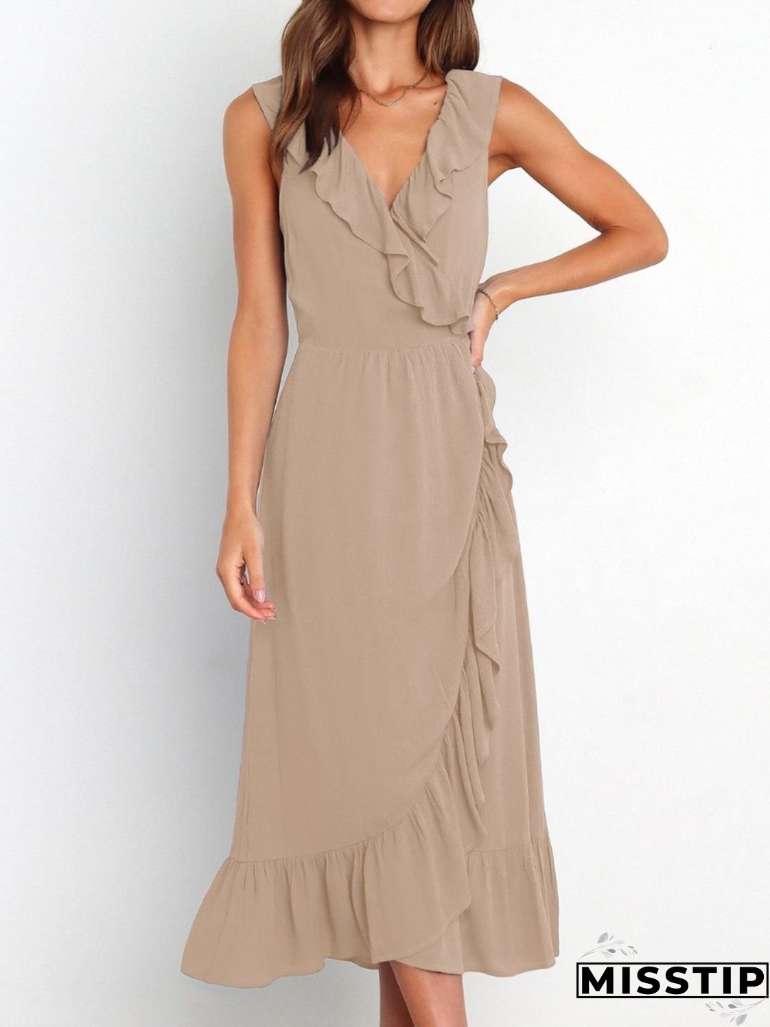 Ruffled Surplice Sleeveless Midi Dress