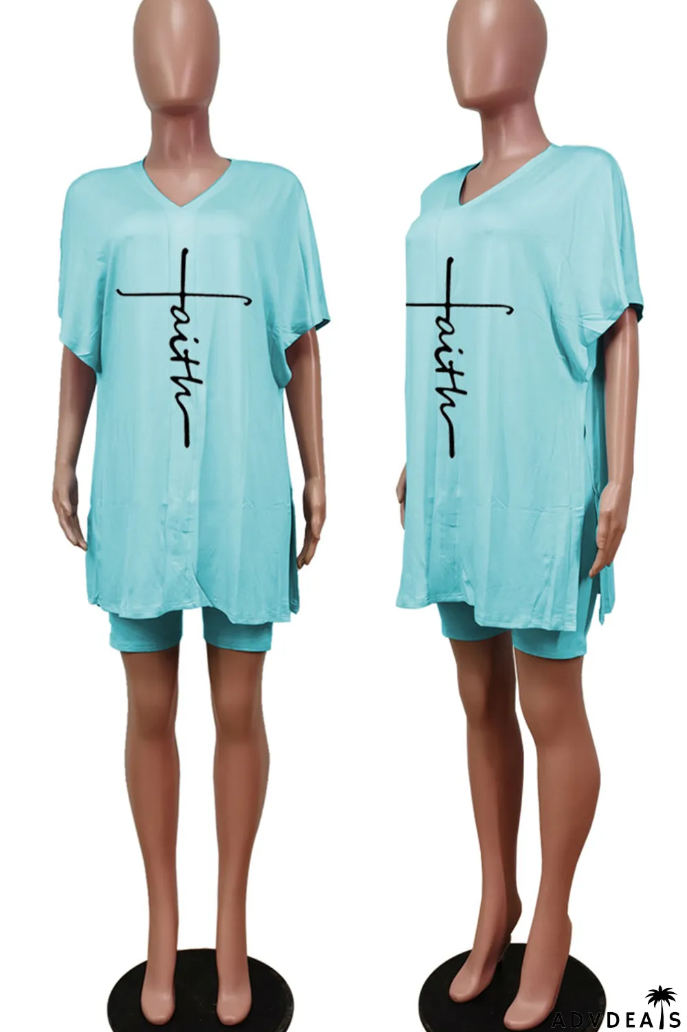 Tangerine Red Casual Print Split Joint V Neck Short Sleeve Two Pieces