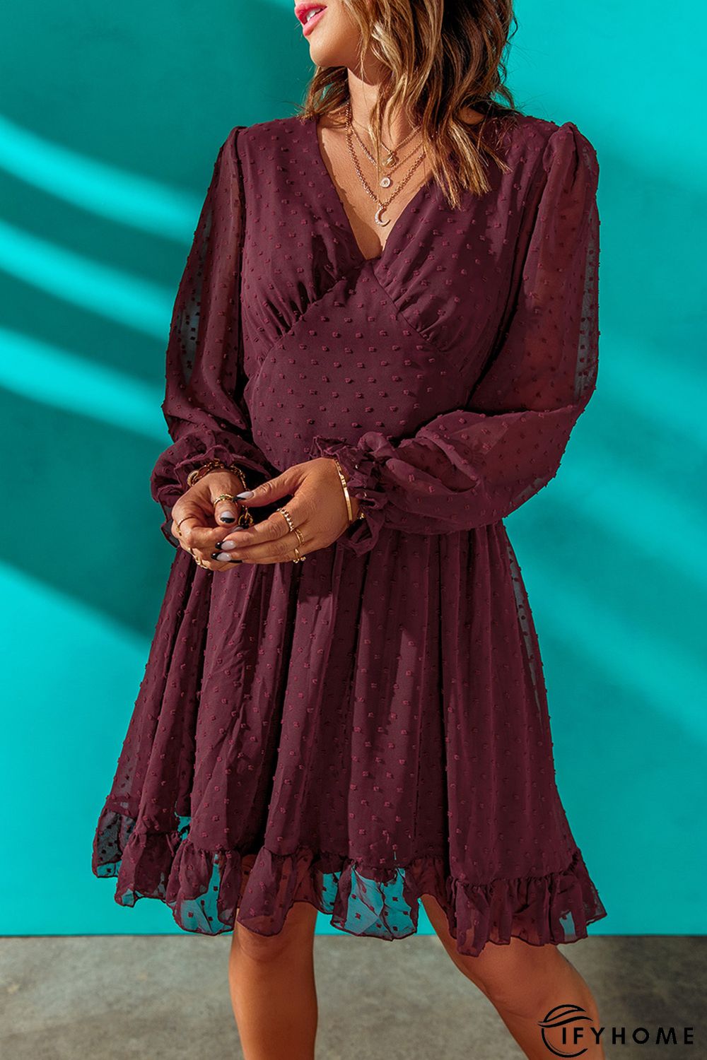 Wine Red V Neck Lantern Sleeve Swiss Dot Mini Dress | IFYHOME