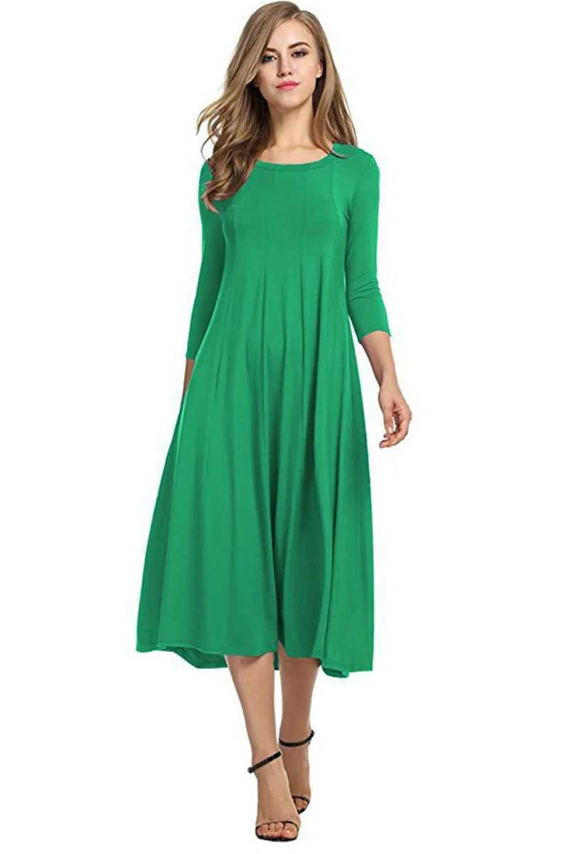 Uveng Women Round Neck Shirt Half Sleeve Solid Long Skirt Color Wide Hem Dress