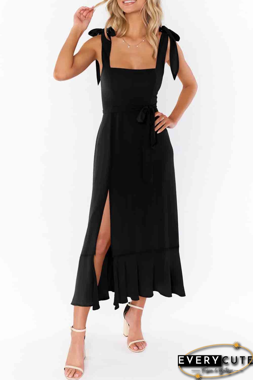 Black Tie Shoulder Smocked Back Side Slit Maxi Dress