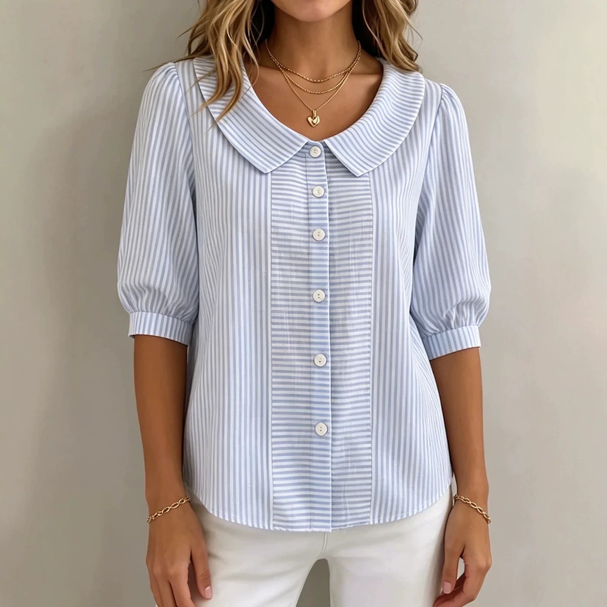 Women's Comfy Stripe Linen Blend Three-quarter Sleeve Cotton-linen Shirt elevenforest