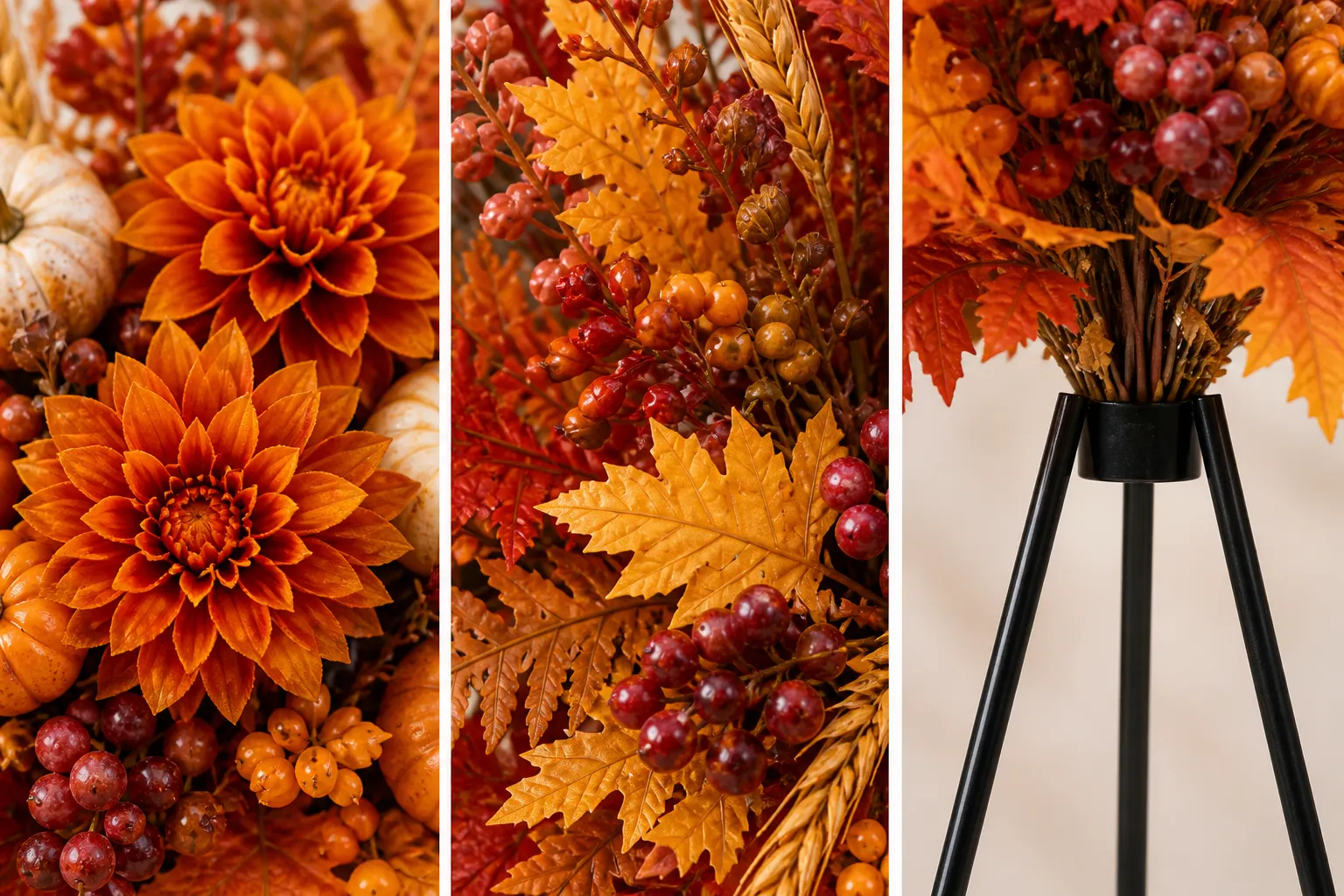 Close details of layered faux flowers, berries, leaves and metal stake support