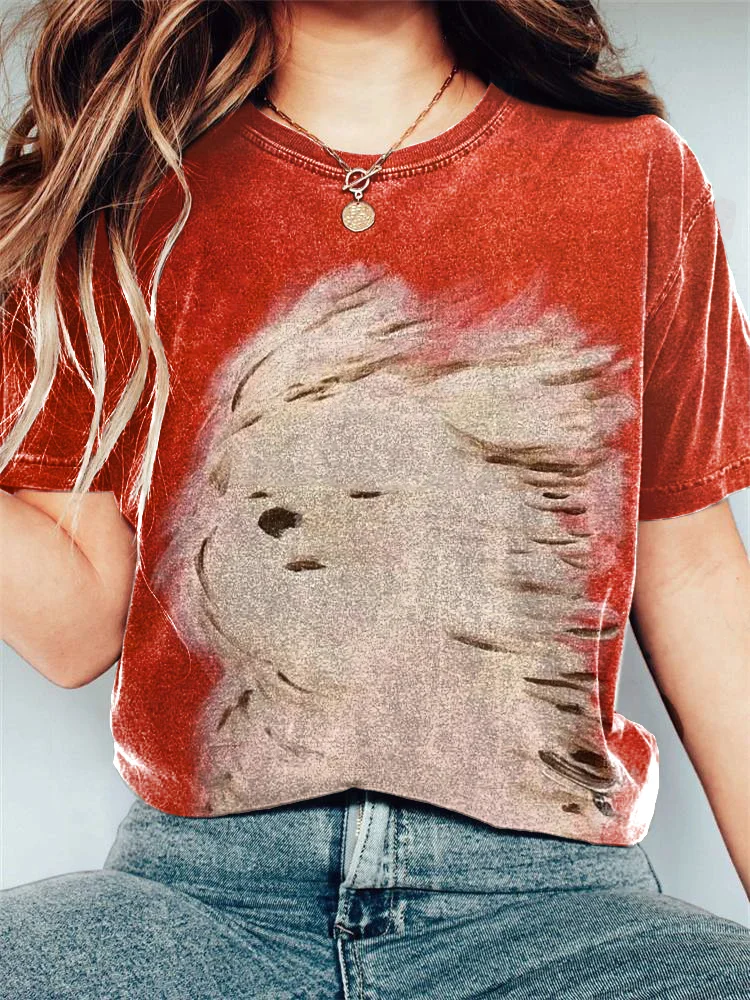 Cute Oil Painting Dog Print Cotton Blend T-shirt