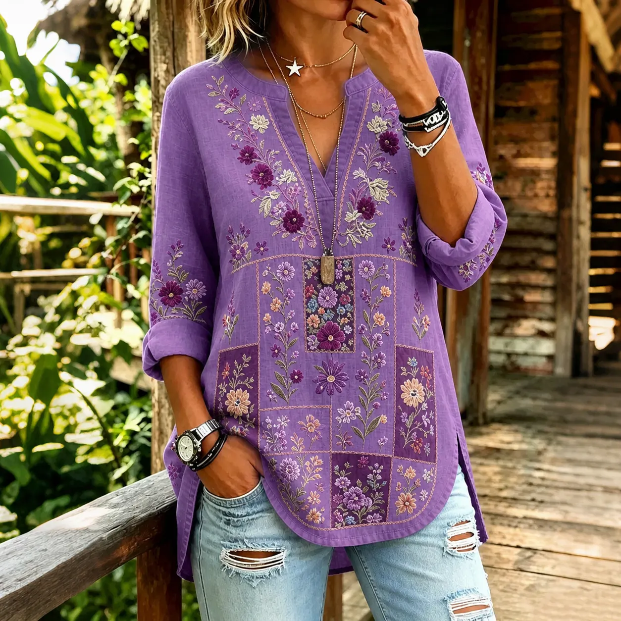 Women's Retro Ethnic Floral Patchwork Color-blocked Cotton Linen Top elevenforest