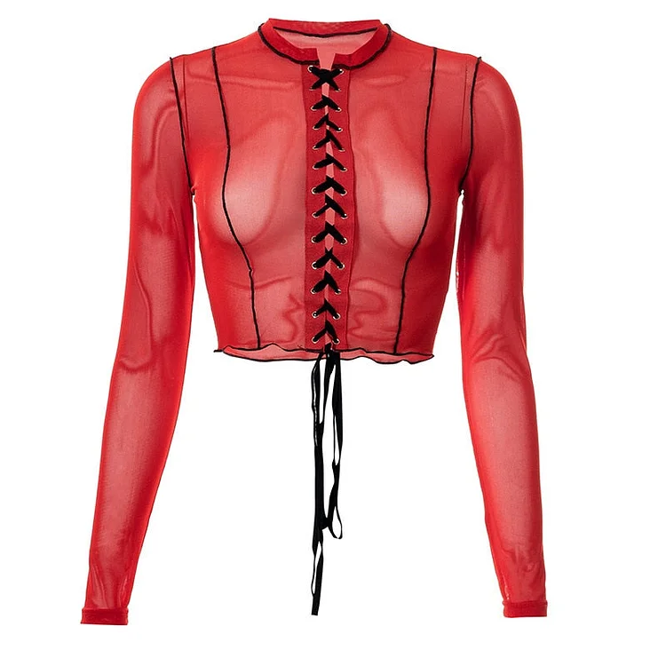 InsDoit Gothic Lace Up Mesh Transprent Cropped Tops Women Grunge Red Long Sleeve Sexy T-shirts Punk Bodycon Club Aesthetic Tops