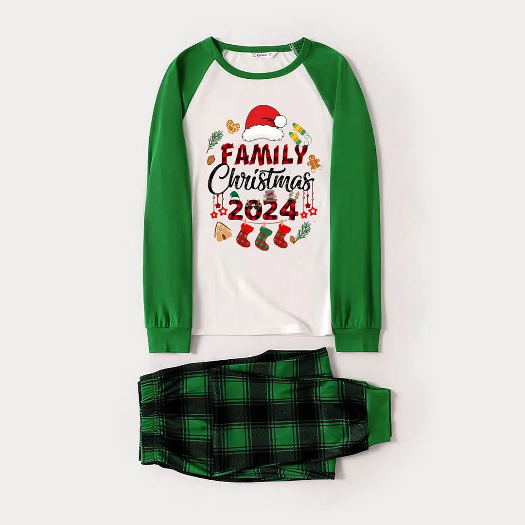 Family Christmas 2024 and Christmas Pattern Print Long Sleeve Top With Green & Black Plaid Matching Pajamas