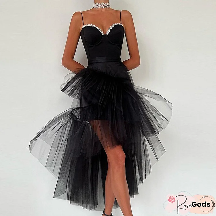 Women Classic Black Slim Spaghetti Straps Evening Dress Elegant Mesh Lace Party Dress Sexy Sleeveless Wrap Breast Cocktail Dress