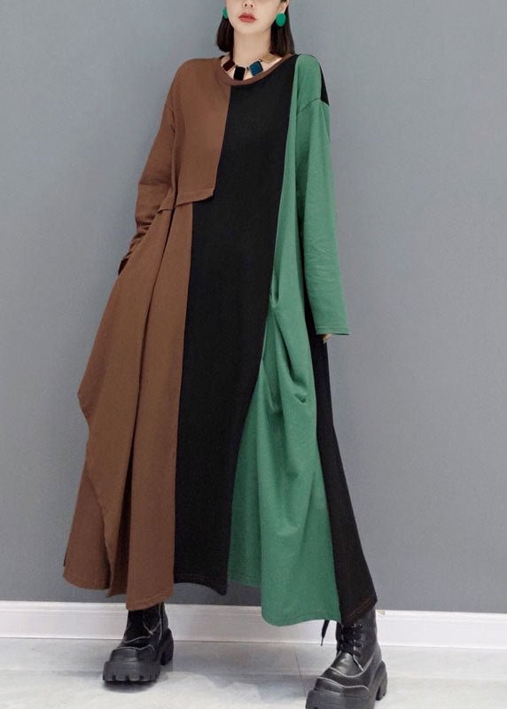 DIY Green O-Neck pockets Asymmetrical Patchwork Long Dresses Spring CK1254- Fabulory