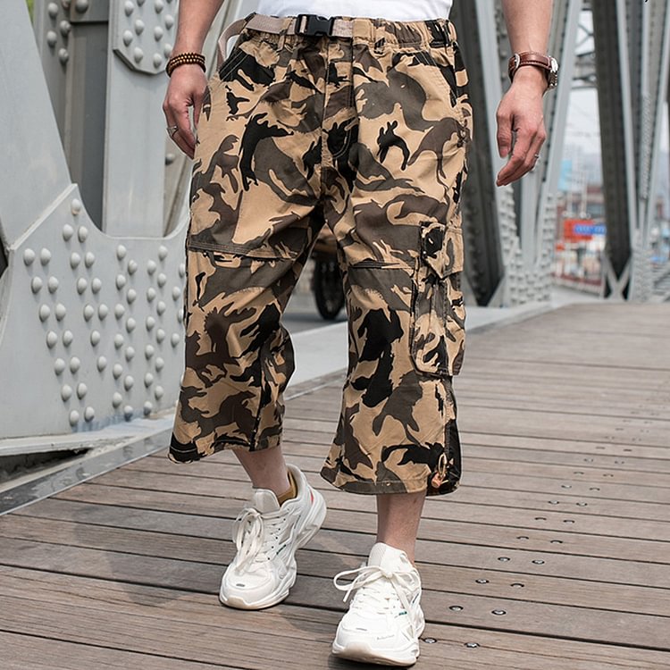 Men's Camouflage Print Loose Multi-pocket Cargo Cotton 7-point Pants