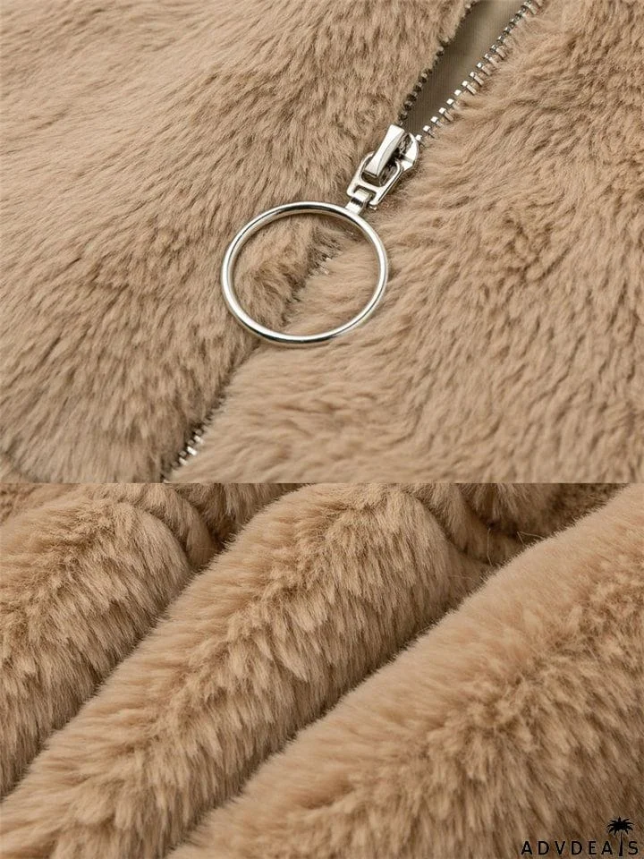 Comfortable Warm Full Zip Fastening Side Pocket Artificial Fur Cropped Coat