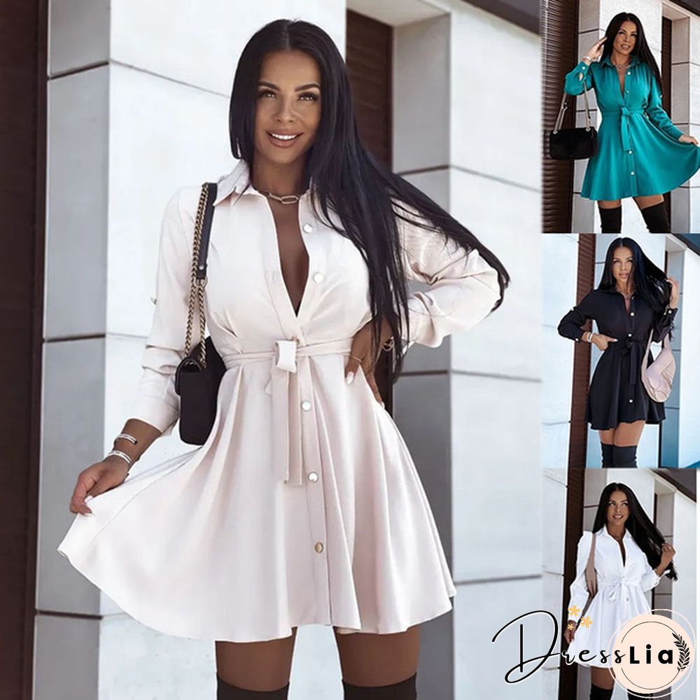 Turn-down Collar Long Sleeves Buttons Shirt Dress Women Fashion Collect Waist A Line Dress Elegant Ladies Dresses