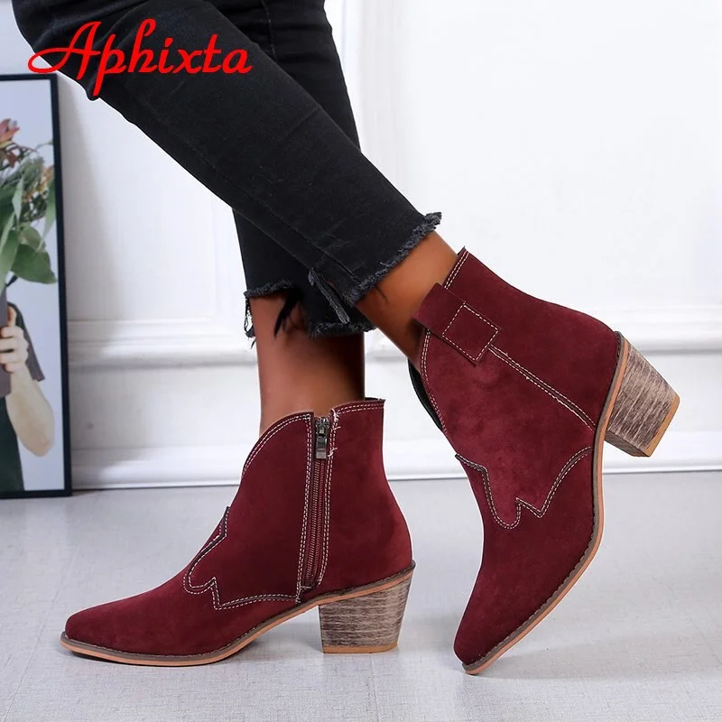 Aphixta Wood Spike Heels Nubuck Boots Women Antiskid Zip Pointed Toe Retro Ankle Boots Shoes Woman Boats Plus Big Szie 42 43