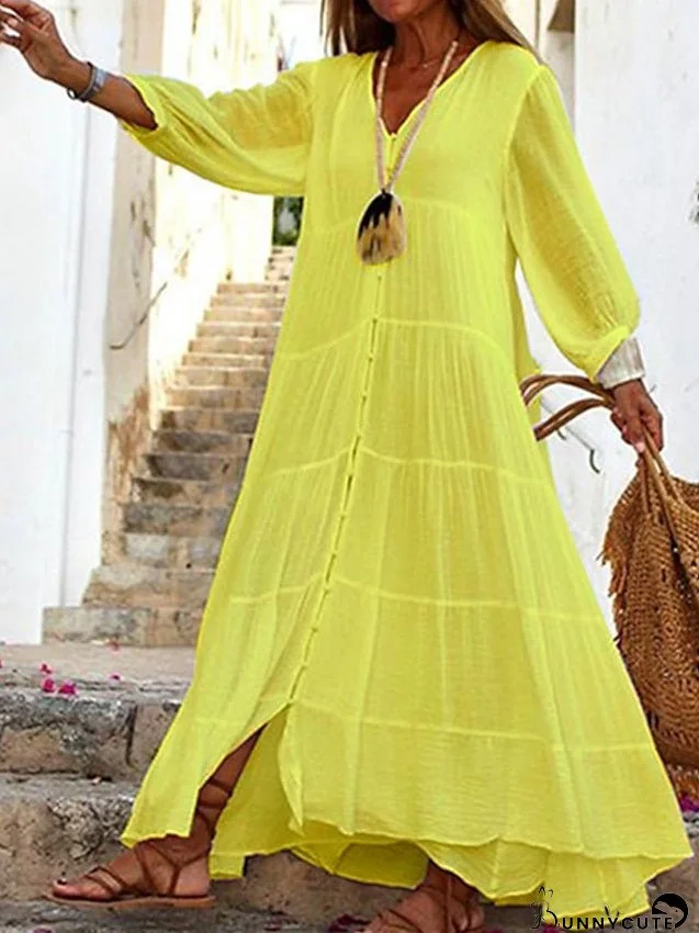 Cotton Linen Dress Casual Dress Swing Dress Long Dress Maxi Dress Yellow Blue Long Sleeve Pure Color Ruched Summer Spring Fall V Neck Casual Winter Dress Fall Dress Loose Fit S M L for Women
