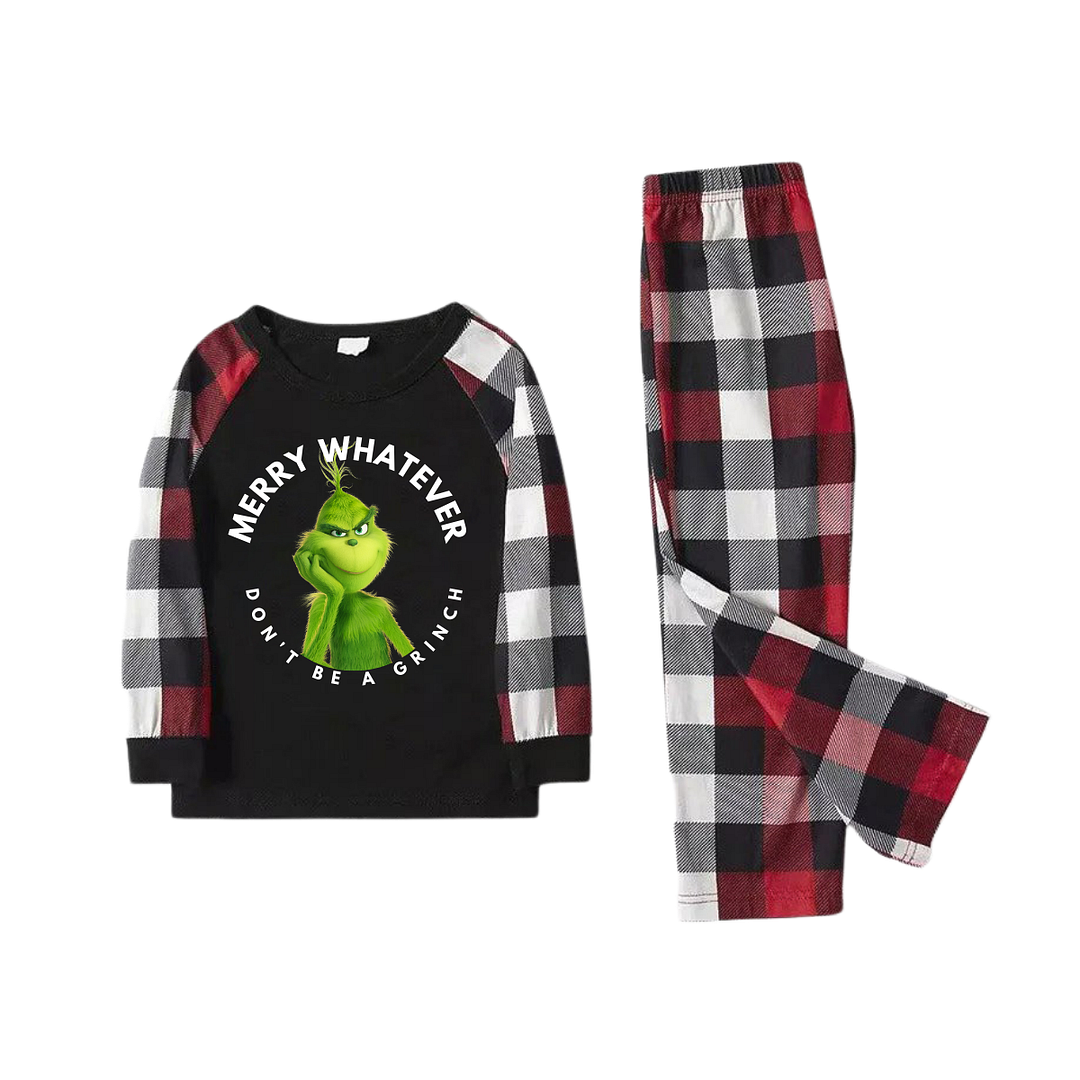 Cartoon Pattern and Christmas Slogan Printed Contrast Black Top Red&Black&White Plaid Pants Family Matching Pajamas