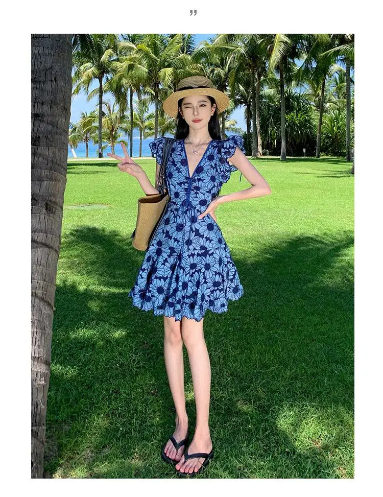 Aiertu Blue Daisy Flower Embroidery Hollow Out Dress Women Summer Flying Sleeve Lace Up Ladies Elegant Fashion Boho Holiday Mini Dress Aiertu
