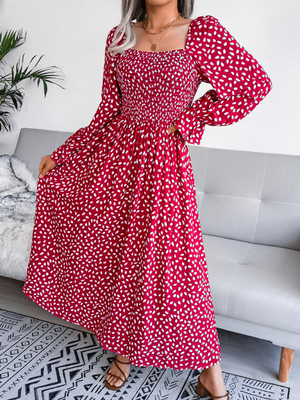 Mature Women Summer Fashion Square Neck Long Sleeve Holiday Rayon Dress