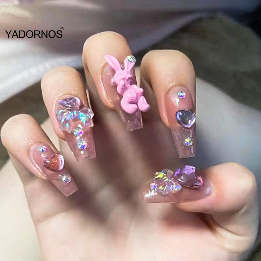 Japanese press on nails with design 3D Rabbits & Heart Sweet Style Full Coverage Nails Finished Nails Piece Removable Save Time
