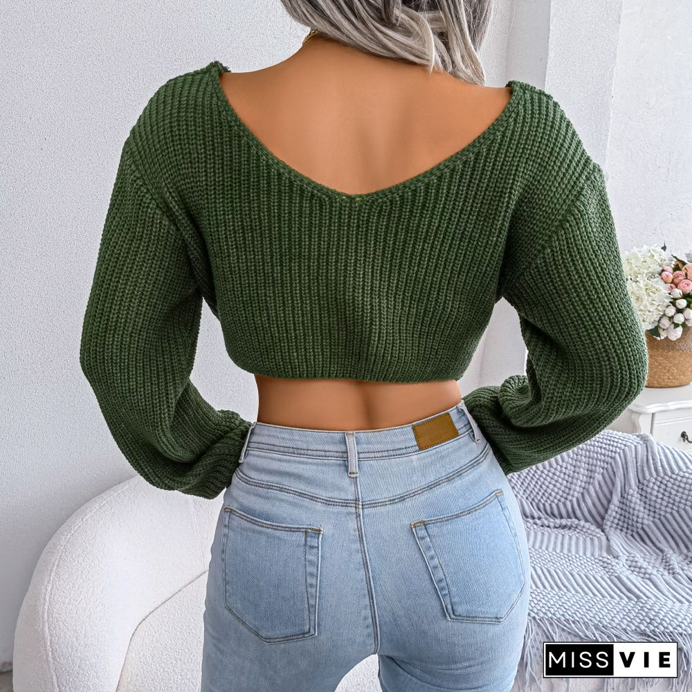 Long Sleeve Knotted Knit Sweater Crop Tops