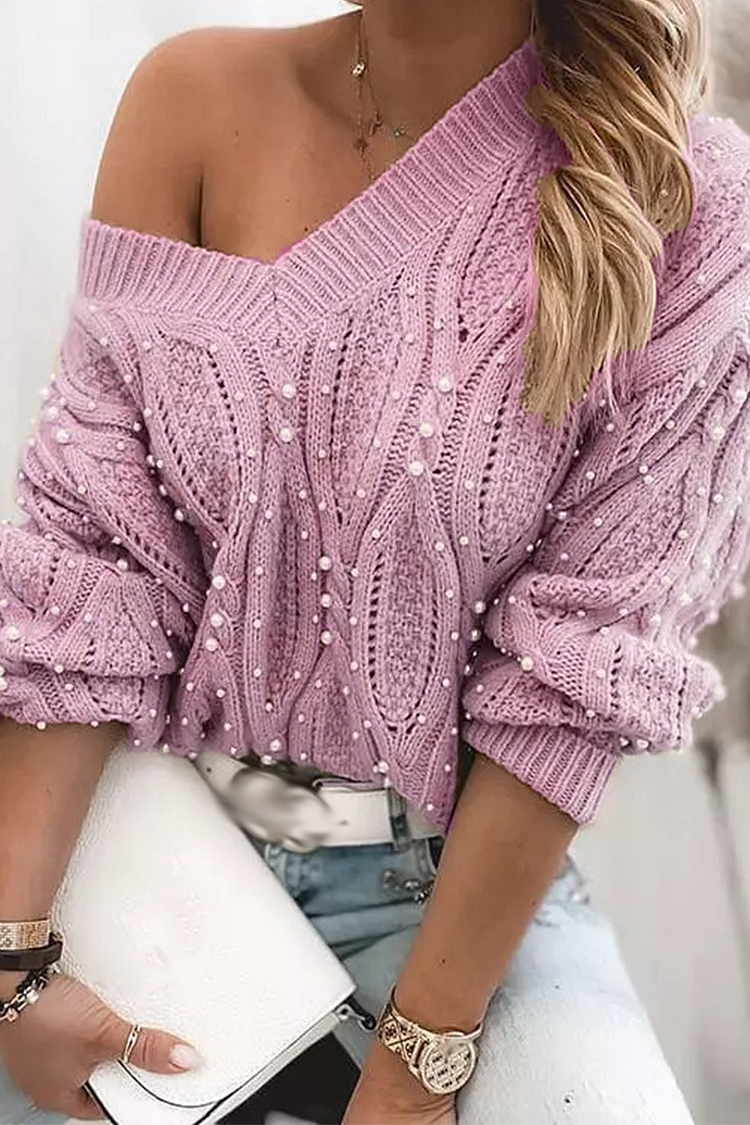 Casual Patchwork Beading V Neck Sweater(3 Colors) - Life is Beautiful for You - SheChoic